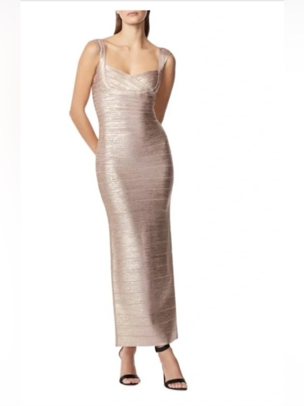 Herve Leger Sweetheart Banded Foil Gown RoseGOLD NWT